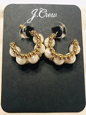 J Crew Chunky Faux Pearl & Gold Tone Beaded Hoop Pierced Earrings Nwt & DustBag • $24.99