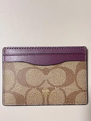 NWT Coach Mini Slim Thin  Card Case  Khaki Boysenberry Signature Canvas Leather • $60.81