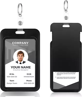 Sliding ID Badge Holder With Key Ring 2 Pack Black Plastic Vertical Card Case H • $15.99