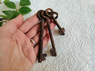 Antique Old Keys On Ring Rusty Metal Lot Of 3 Vintage Lock Hardware  • $18