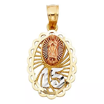 Virgen De Guadalupe 14K Solid Gold 15 Anos Oval Charm Quinceanera 18mm Pendant • $75.99