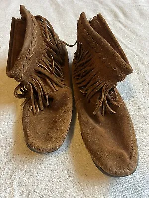 Minnetonka Moccasins Fringe Brown Leather Short Boots Women Size 7 • £20.24