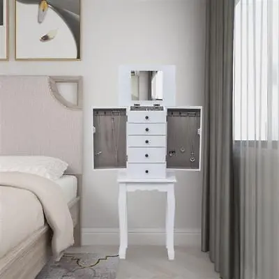 White Standing Jewelry Armoire With Mirror 5 Drawers & 8 Necklace Hooks US • $85.99