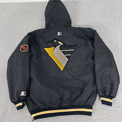 VINTAGE Pittsburgh Penguins Jacket Men Large Black Starter Hooded Puffer Logo • $80