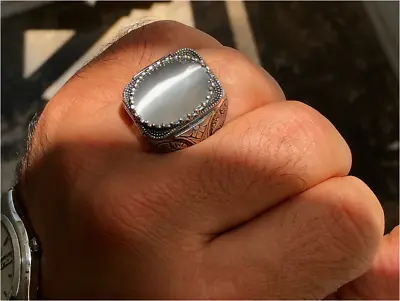 Cats Eye Quartz Signet Ring 925 Sterling Silver Created Artisanal Workshops • $67