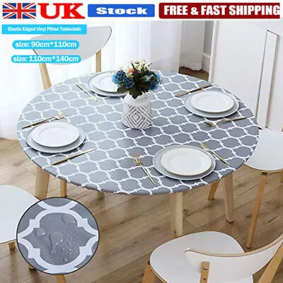 Vinyl Tablecloth Round Fitted Elastic Edged Table Cover Protector Oil&Waterproof • £8.99