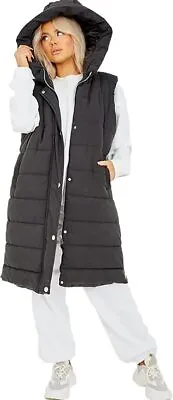 Womens Ladies Long Line Hooded Puffer Gilet Jacket Padded Vest Top Body Warmer • £36