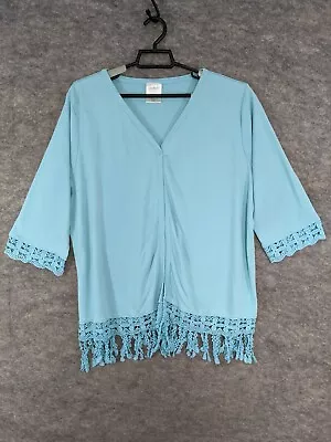 Main Street Cardigan Womens 1X Blue Jersey Knit Lace Cuffs Hem Fringe One Button • $7.44
