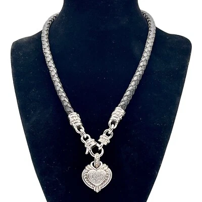 $89.95 • Buy JUDITH RIPKA Espresso Brown Leather Necklace STERLING SILVER Pave Heart PENDANT