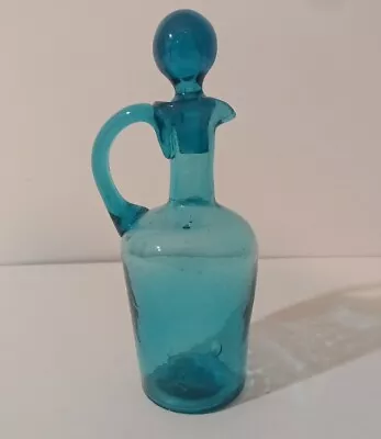 1950's Hand Blown Blue / Teal Glass Cruet Vinegar Decanter With Stopper 6.5 Tall • $12