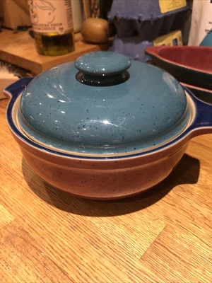 DENBY HARLEQUIN Round Casserole Dish W Vented Lid 1QT Red Blue Green New 7” 1L • £7.50