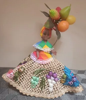 Vintage Hispanic Girl Doll With Woven Skirt & Tropical Fruit Hat; 11  Tall • $0.99