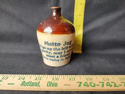 Antique Mini Crock Advertising Jug Detrick Distilling Co. Motto Jug Dayton OHIO • $150