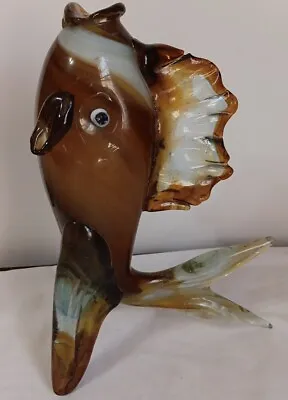 Vtg Handblown Fish Vase Figure 10 Inch Amber White Clear Murano Style Flaw READ • $49.99