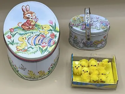 Pair Of Easter Tins England Bunnies Eggs Vintage Decor England Chenille Chicks • $11.20