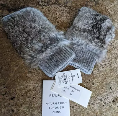 ADRIENNE LANDAU Frosty Gray Rabbit Fur Fingerless Gloves Mittens Wool NWT • $55