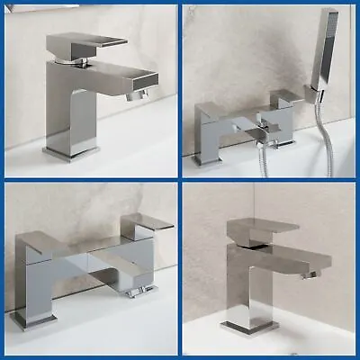 Modern Chrome Bathroom Square Tap Sets | Basin & Bath Taps With Shower & Waste • £34.97