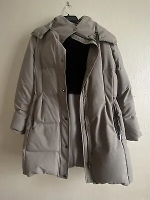 Zara Taupe Grey Down Weather Resistant Puffer Coat Parka XL Belted Hooded • $37