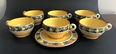Vintage 50s Italian Majolica Pottery Set - 6 Cups & 1 Saucer Yellow Della Robbia • $24
