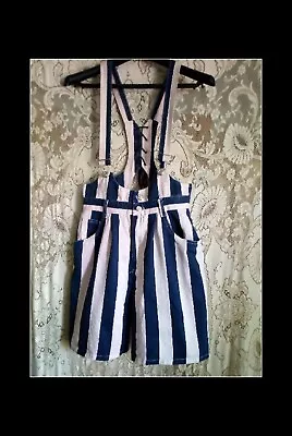 VTG 80s A. Byer CA Striped Suspender Denim Shorts W/ Lace-Up Detail In Back Sz S • $44.99