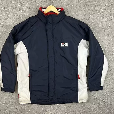 FILA Mens Coach Manager Style Jacket Coat Size 2XL Navy Blue Packaway Hood  VGC • £24.99