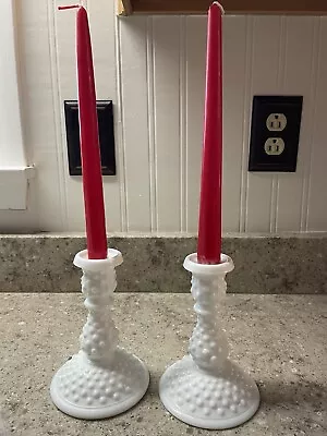 Vintage Fenton White Milk Glass Hobnail Candle Sticks Holders  • $15