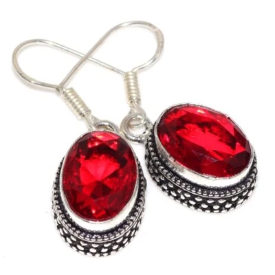 $3.99 • Buy Garnet 925 Silver Plated Vintage Gemstone Earrings 1.5  Ethnic Jewelry GW