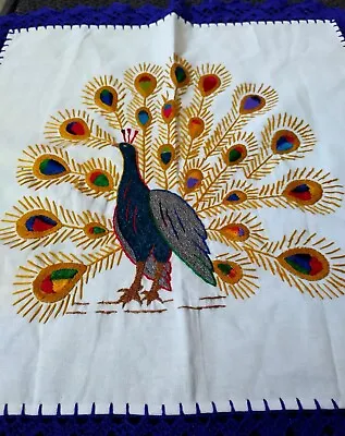 Mexican Hand Embroidery Peacock Napkin/Table Decor/Framed Art/ Kitchen • $25