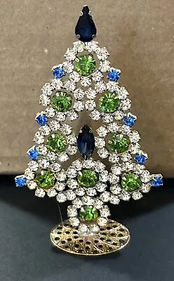Stunning Vintage Czech Glass Standing Christmas Tree Green Blu Clear Rhinestones • $11.99