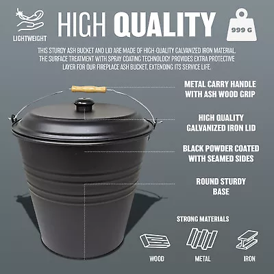 12l Metal Ash Bucket With Lid Wooden Handle Fireplace Container Litre Coal Bin • £6.99