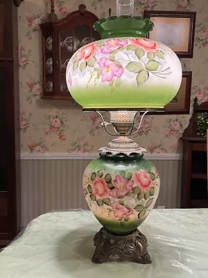 Vintage Hurricane Table Lamp Gone With The Wind GWTW Hand Painted Floral 28” T • $375