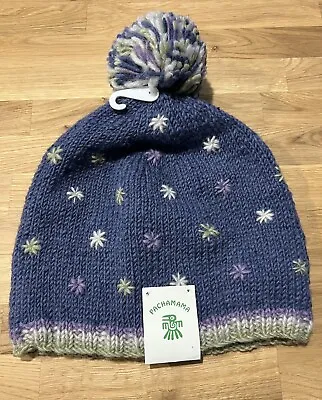 Pachamama Snow In Summer Bobble Beanie Hat 100% Wool Hand Knitted • £14.99
