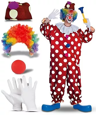 Men Circus Clown Dotted Jumpsuit & Accessory Set Joker Party Fancy Dress Costume • £29.90