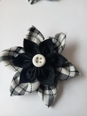 Black & White Tartan Brooch. Black Felt Inner Flower. White Stylised Button. • £7.50