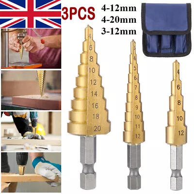 3PCS HSS Step Drill Bit Large Cone Titanium Bit Set Metal Hole Cutter+Pouch Kit • £4.89