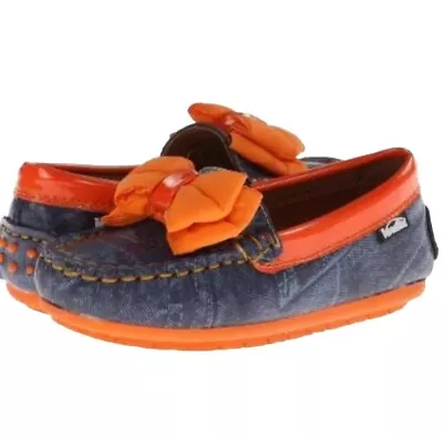 Venittini Kids Toddler Girls Size EUR 24 US 8  Orange & Blue Loafer Bow Shoes • $49.99