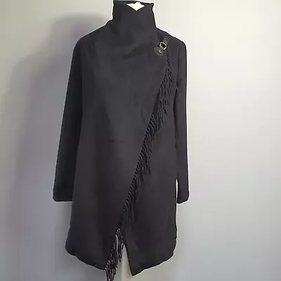 RALPH LAUREN Wool Blanket Jacket Over Coat Laganlook Wrap Fringe Size S Black • £99.99