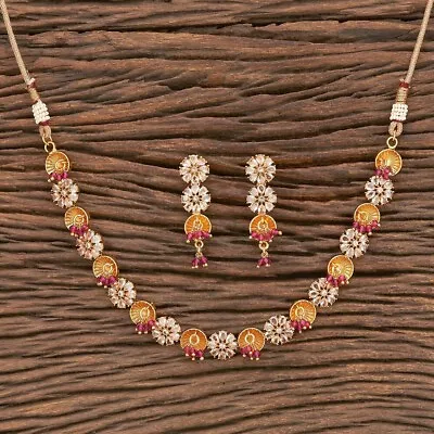 Indian Pakistani 22 Ct Gold Plated Cubic Zirconia Necklace Earrings Chocker • £18