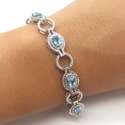 925 Sterling Silver Real Blue Topaz & Diamond Accent Tennis Link Bracelet 6.75  • $119.99