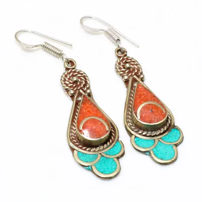 Turquoise Red Coral Handmade Fashion Jewelry Gemstone Nepali Earring S.2 E30 • $6.50