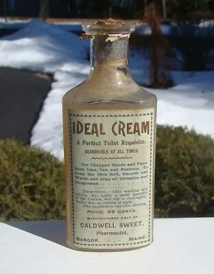 Antique Labeled IDEAL CREAM-CALDWELL SWEET PHARMACIST- BANGOR MAINE Med Bottle • $10