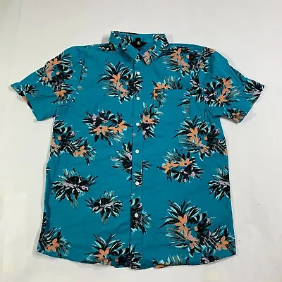 Volcom Shirt Mens XL Blue Short Sleeve Button Up Hawaiian Flower Tropical Woven • $11.90