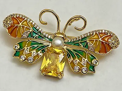 Butterfly Insect Bee Bug Yellow Crystal Glass Rhinestone Brooch Pin Vintage USA • $19.99