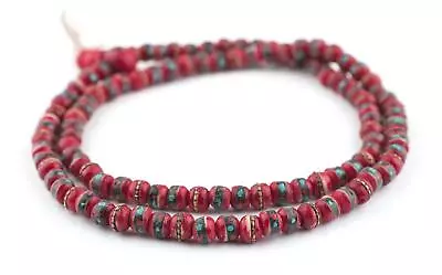 Red Inlaid Yak Bone Mala Beads 6mm Nepal Round Large Hole 21 Inch Strand • $21.50