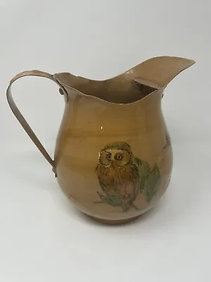 Vintage Large Yellow Metal Pitcher With Hand Painted Owl Perched On Branch • $29.50