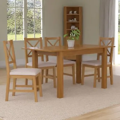 Extending Oak Dining Table Set With 4 Cross Back Chairs In Beige Fabric Seats • £689.99