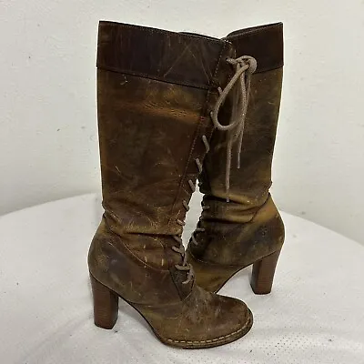 FRYE VILLAGER LACE 77610 Brown Leather Tal Heeled L Lace Up Zip Boots  Size 5.5 • $99.95