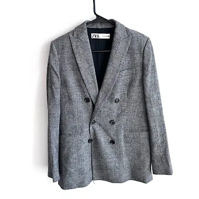 Zara Women Blazer Size Small Gray Plaid Double-Breasted Pea Coat Academia Preppy • $38.25