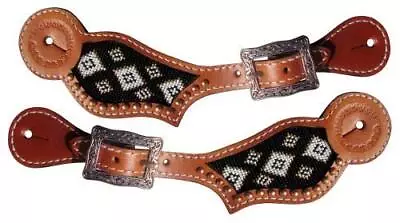 Showman Leather Spur Straps W/ Black Gold & White Beaded Navajo Design • $30.99