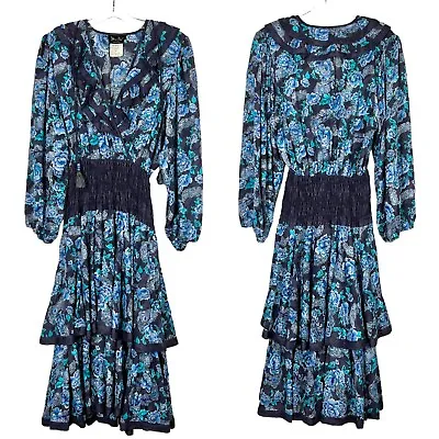 Vintage Diane Freis Dress 80s Designer Georgette Sequins Beaded Blue • $99.99